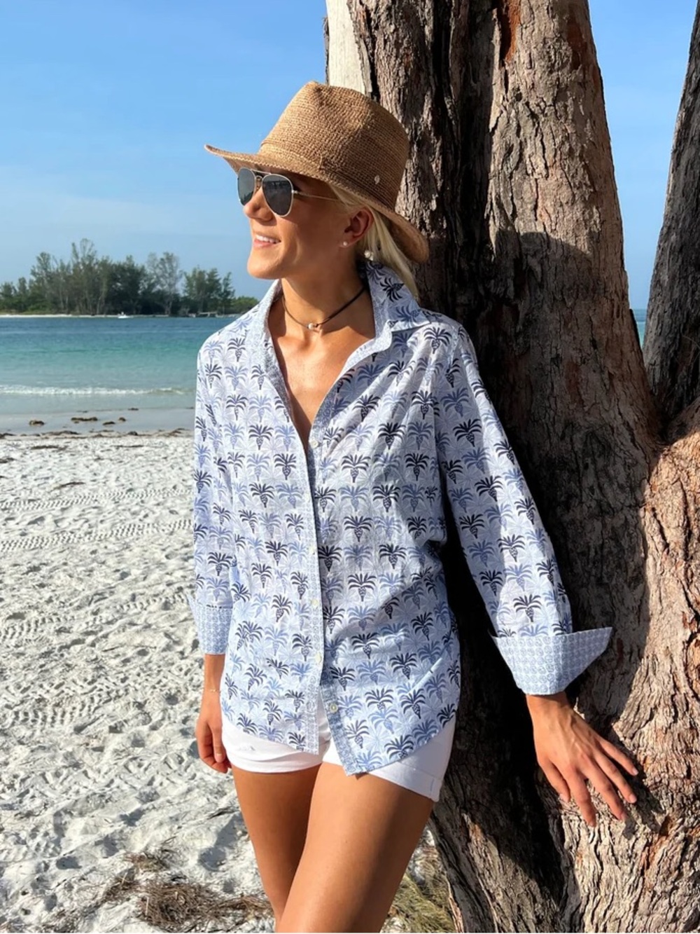 Sigrid Olsen Artisan Shirt in Sunny Palms Print in Blue